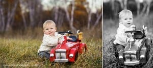 baby with vintage fire truck