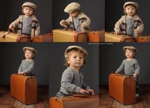 one year old with vintage suitcase