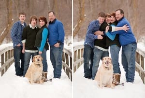 family with dog in the snow