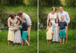 family photos outdoors by a lake