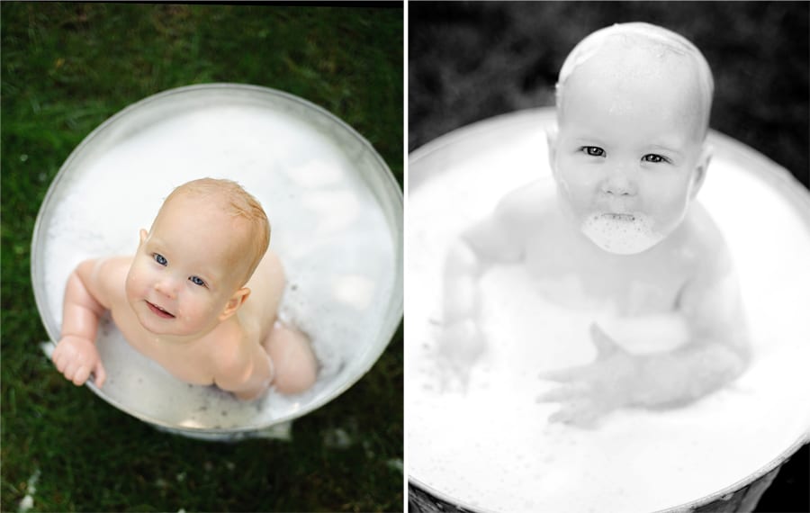 Baby with bubble bath outdoors