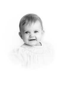 heirloom classic black and white children's photo of 7 month old baby girl