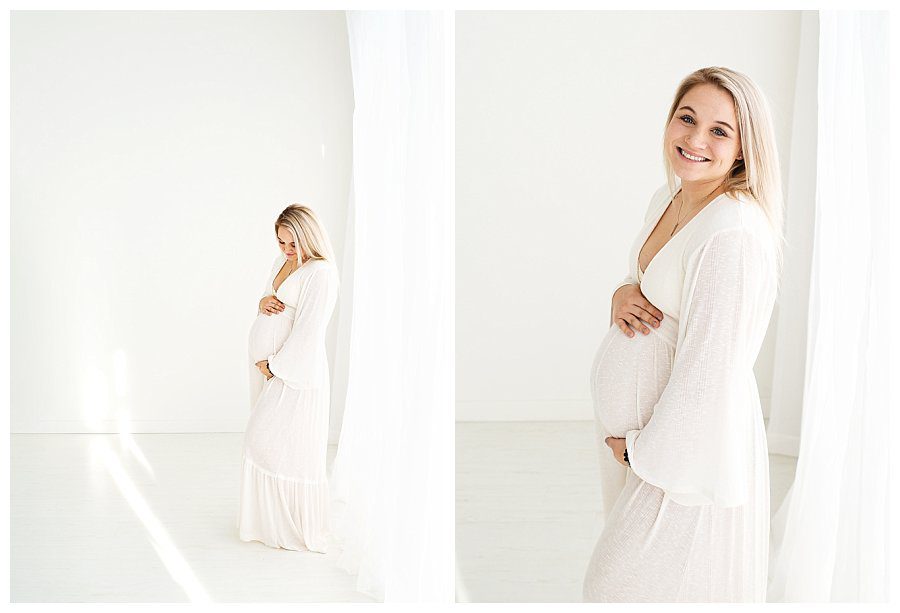 Big Lake maternity photographer with white Free People moon walking dress