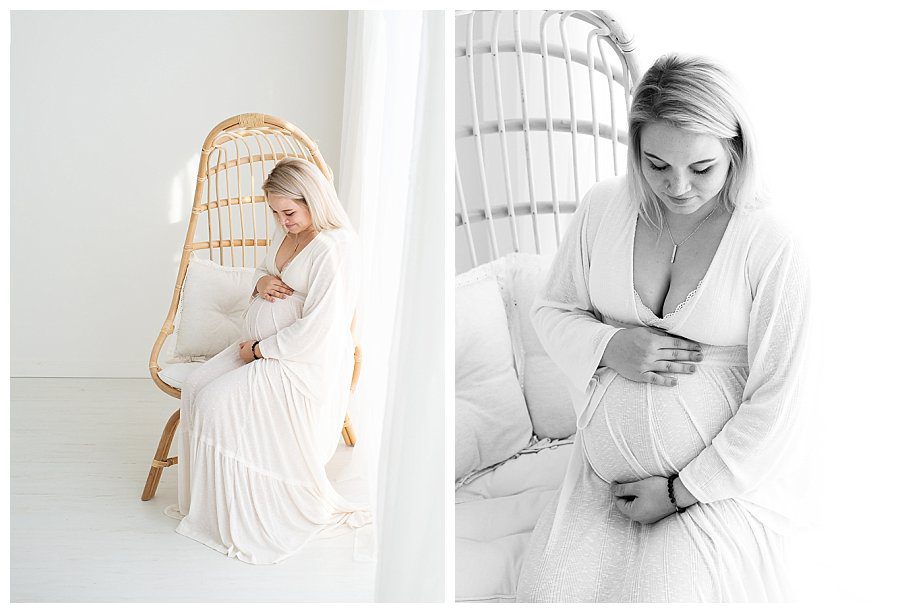 Mom from Big Lake comes to natural light studio for beautiful photography photos in rattan chair