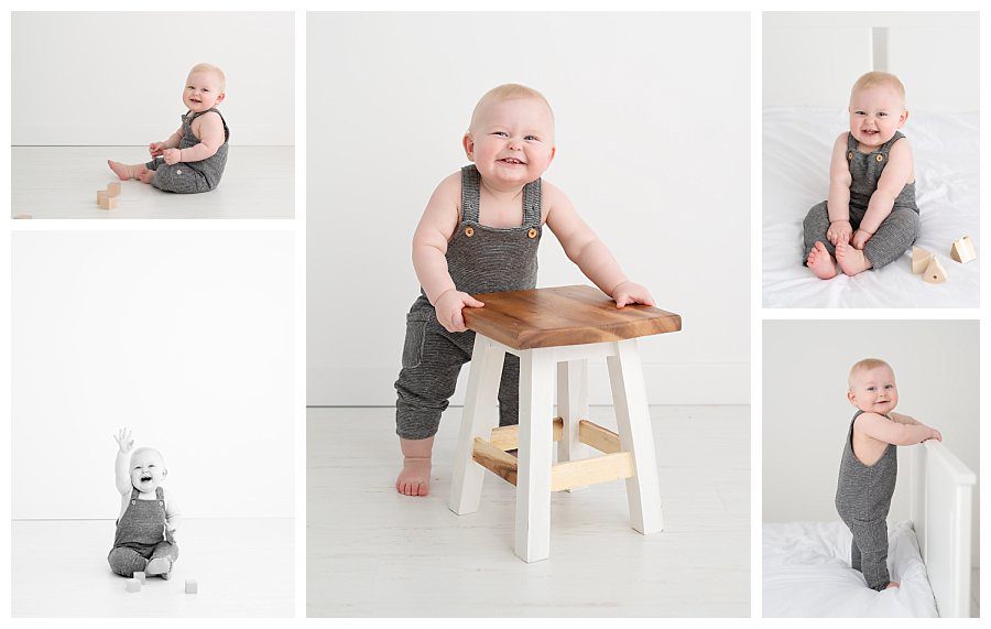 One year baby photos in white photography studio 