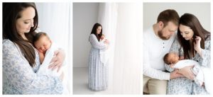 Parent and newborn photos with mom wearing beautiful dress from photographer's studio wardrobe