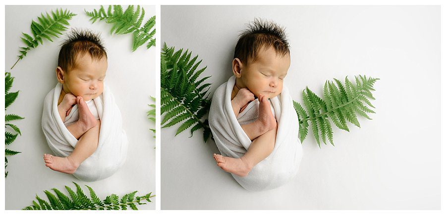 breech baby swaddled and surrounded by fern plants