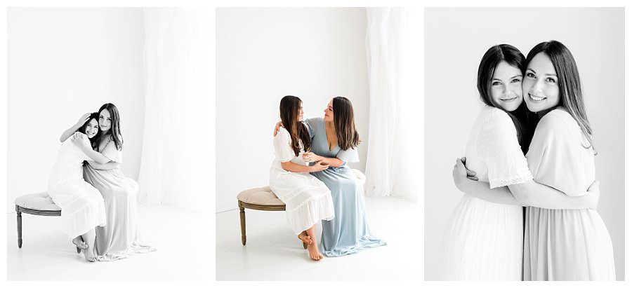 photos of mother and teenage daughter in all white studio with family photographer in Andover