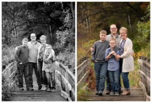 family photos with older kids standing on a bridge in the fall