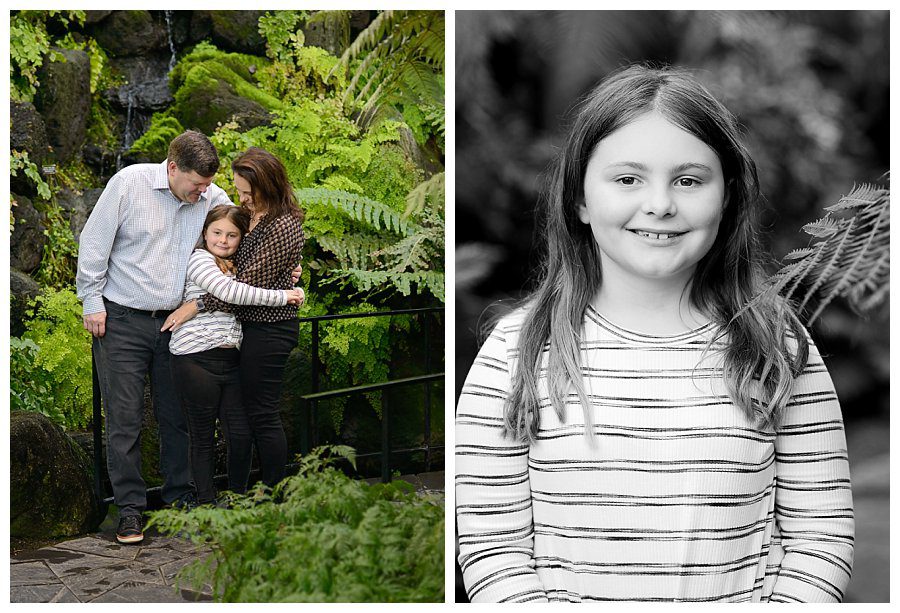 family photos in the greenery at the conservatory