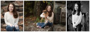 Senior photos of teenage girl with her dog along the rock wall of Taylors Falls.