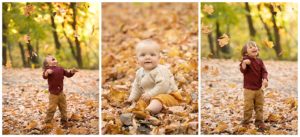 two kids playing in fall leaves during family photos at Minnehaha Creek in Minneapolis