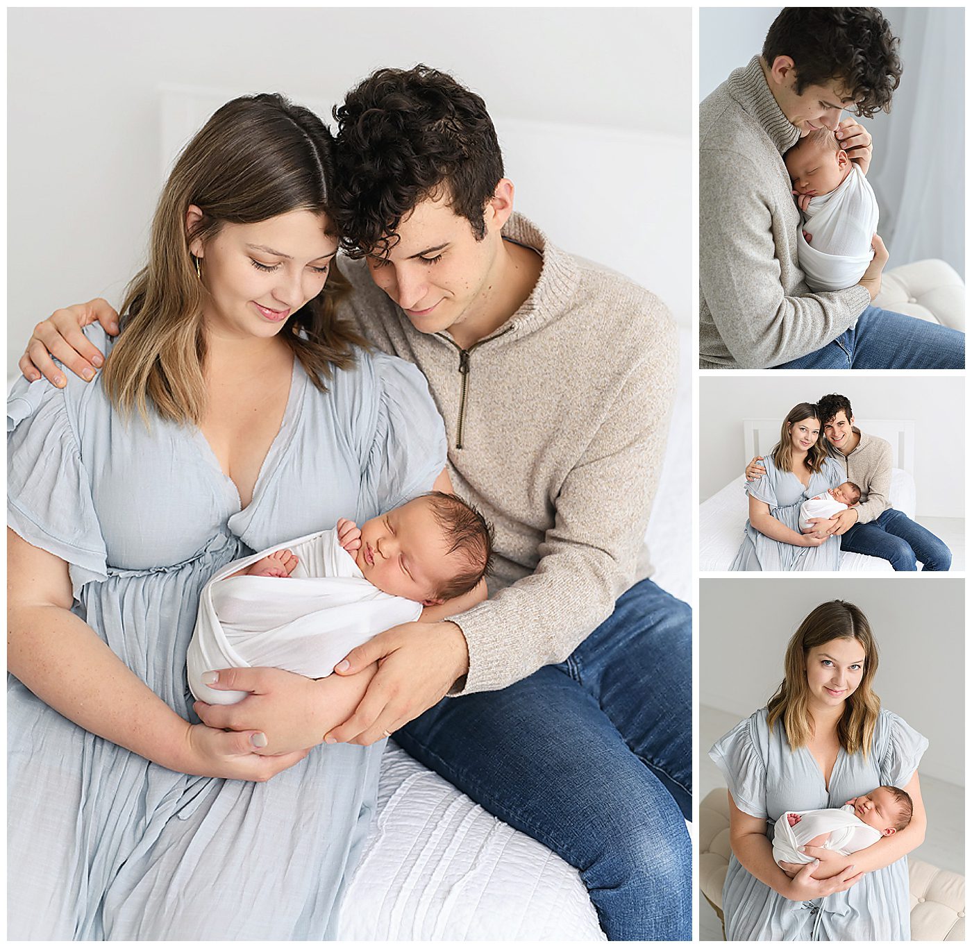 Newborn photos with mom in beautiful blue dress from Vici at a Lino Lakes natural light photography studio