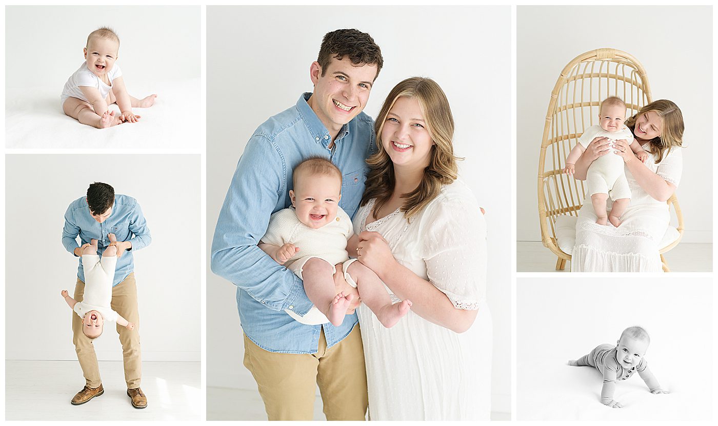 6 months sitter baby photos in a white natural light studio with mom and dad