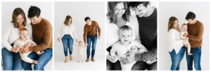 Modern family photos in an all white natural light photography studio of mom and dad with one year old baby boy