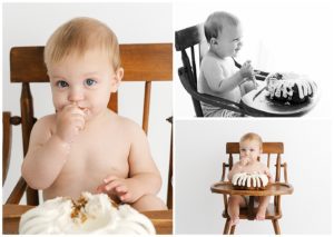 1 year old baby eating and smashing cake in high chair for first birth photo session.
