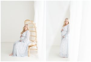 natural light photos of pregnant woman in blue and white floral dress with surrogacy photographer in Minneapolis.