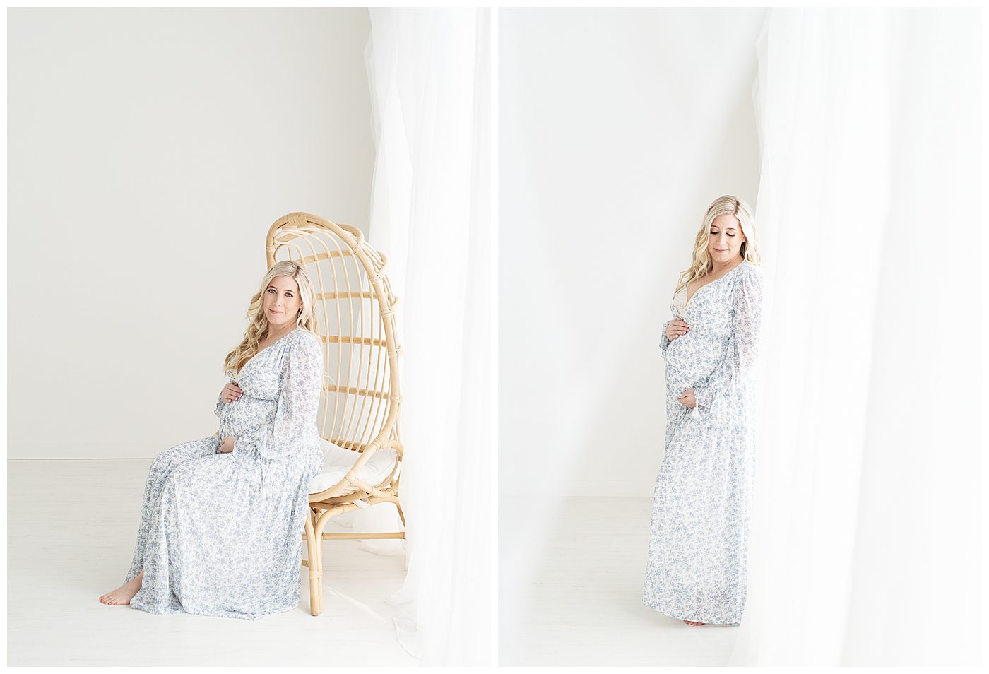 natural light photos of pregnant woman in blue and white floral dress with surrogacy photographer in Minneapolis.