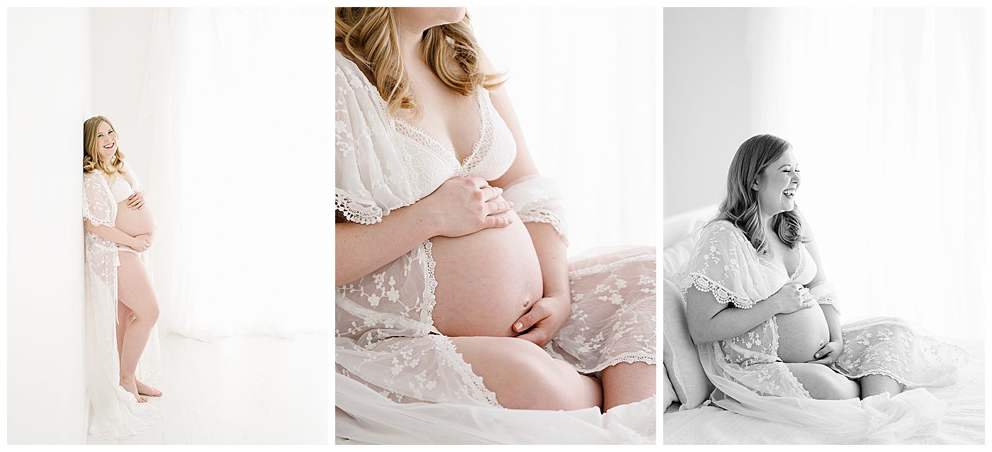 Maternity photos in white lace rob showing belly taken by boudoir maternity photographers Melissa Klein