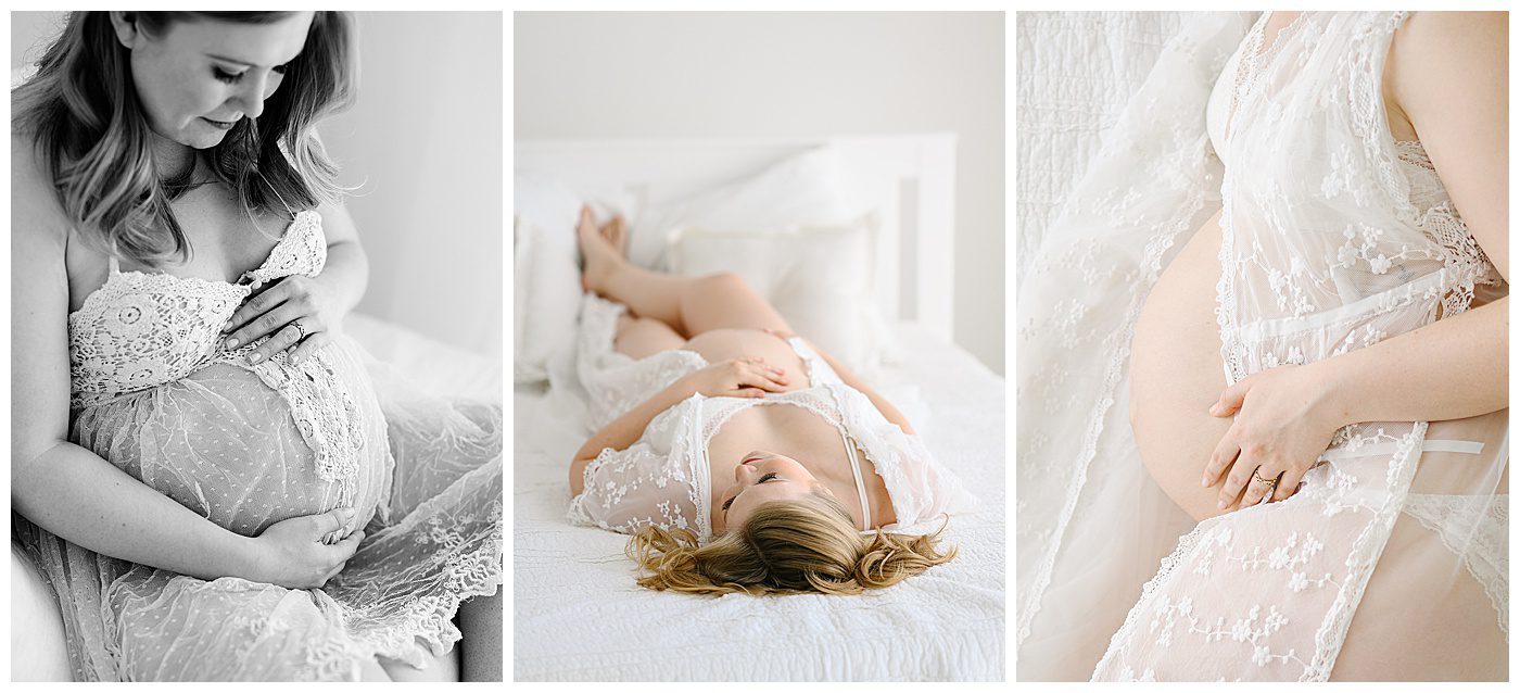 boudoir maternity photos with free people lace slip showing belly on bed