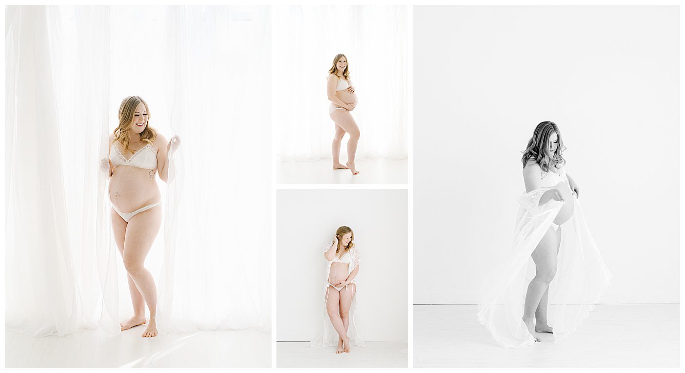 boudoir maternity photos with white lace rob and long sheers for backlit photos