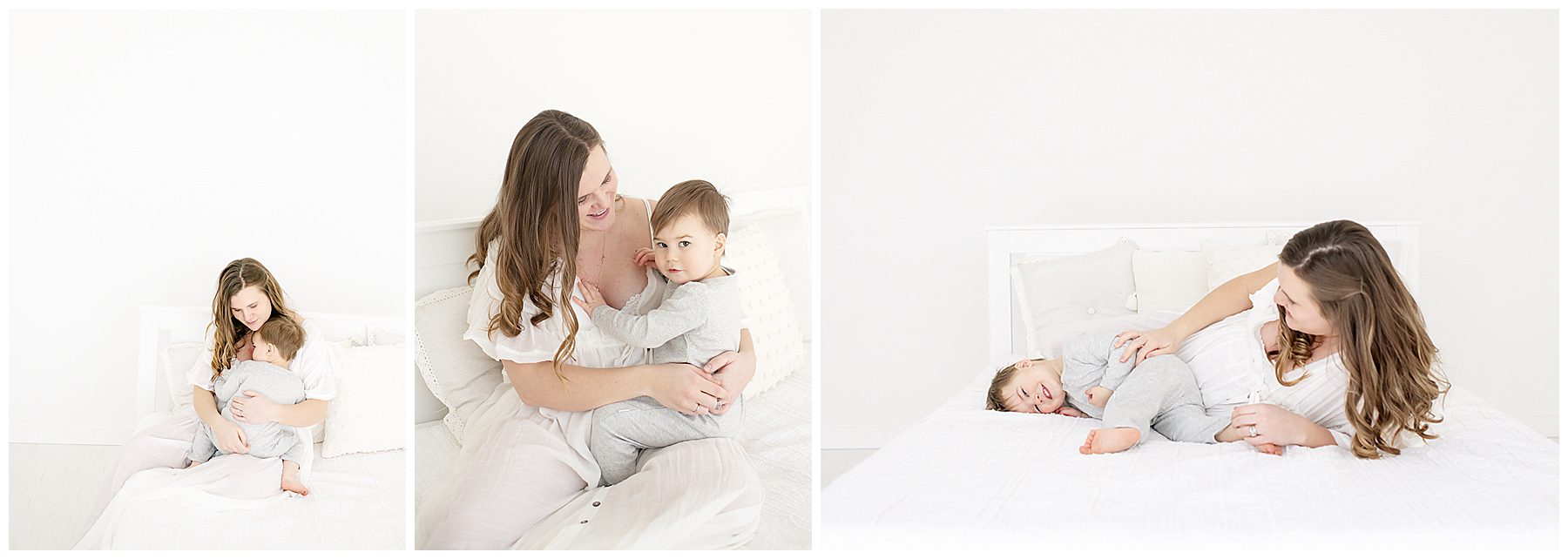 Pregnant mom with toddler baby on white bed.