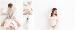 natural light maternity photos with mom and toddler in all white photography studio in Lino Lakes