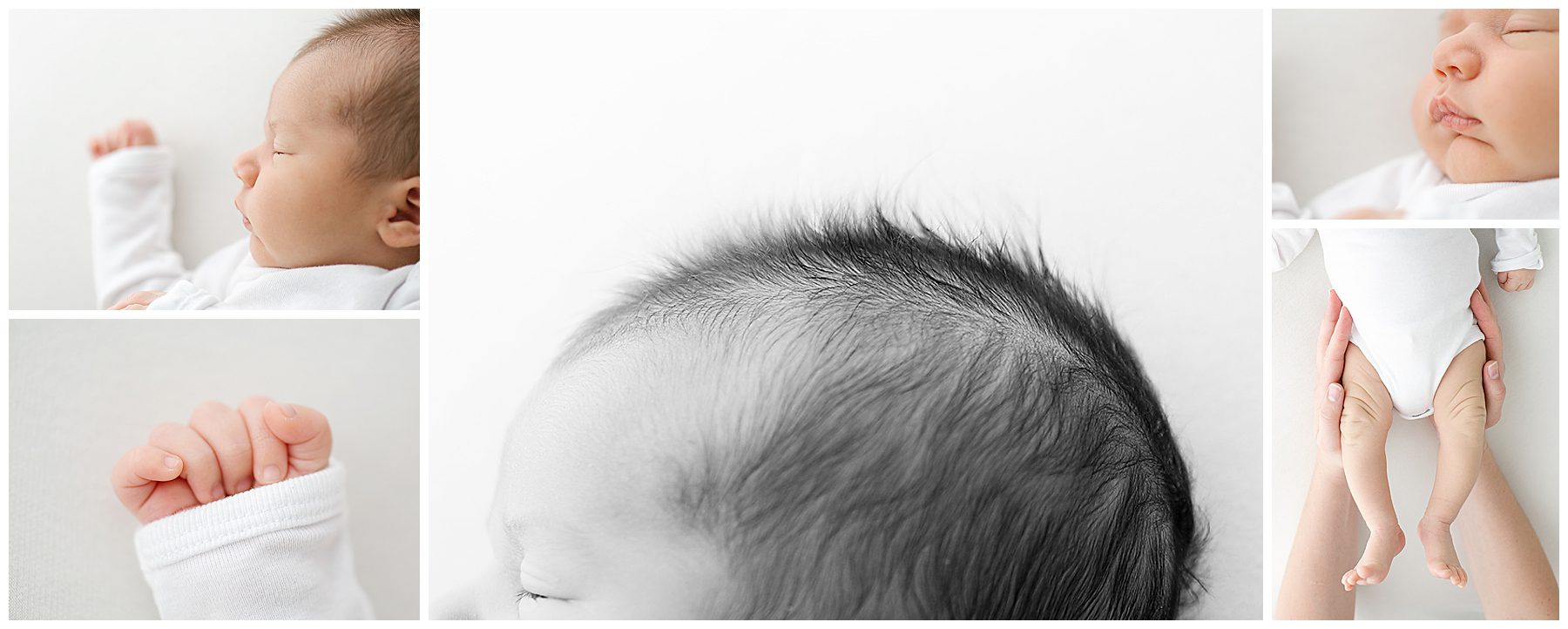 close of photos of babies fingers, hair, lips and legs