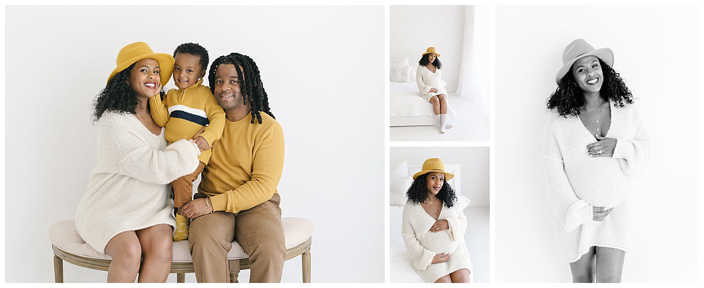 maternity and family photos in a bright and airy natural light photo studio. Mom wearing hat and oversized sweater.
