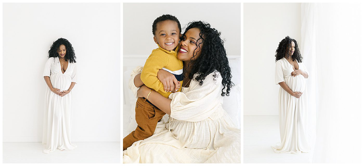 maternity photos of mom in long with dress with toddler son.