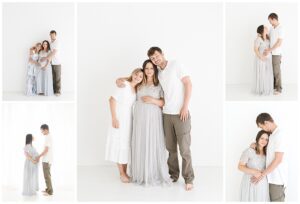 standing maternity photos of pregnant mom, preteen daughter and husband in natural light studio with white walls.