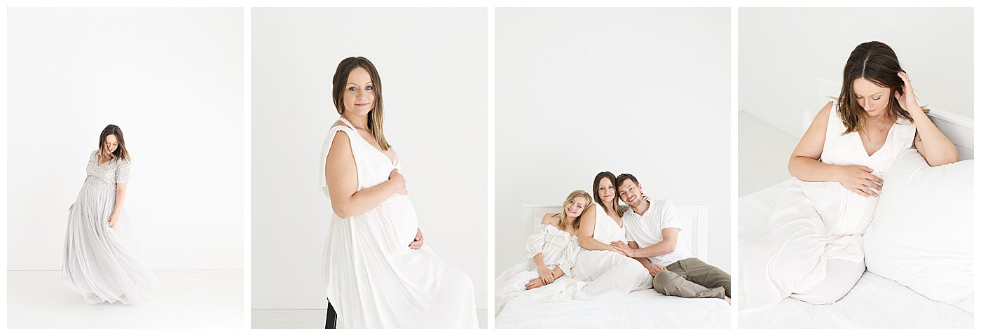 maternity photography in white bear lake of mom in white Free People dress on stool and on bed.