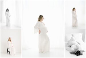 maternity photos in long white dress, backlit in studio