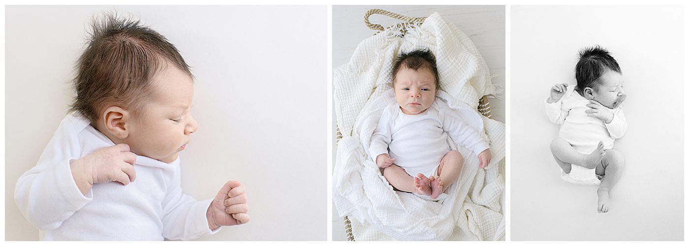 newborn photography near St, Louis Park with baby boy in white onesie on white blanket