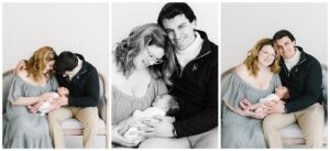 newborn photographer near St. Louis Park photographs mom and dad with newborn baby on couch.