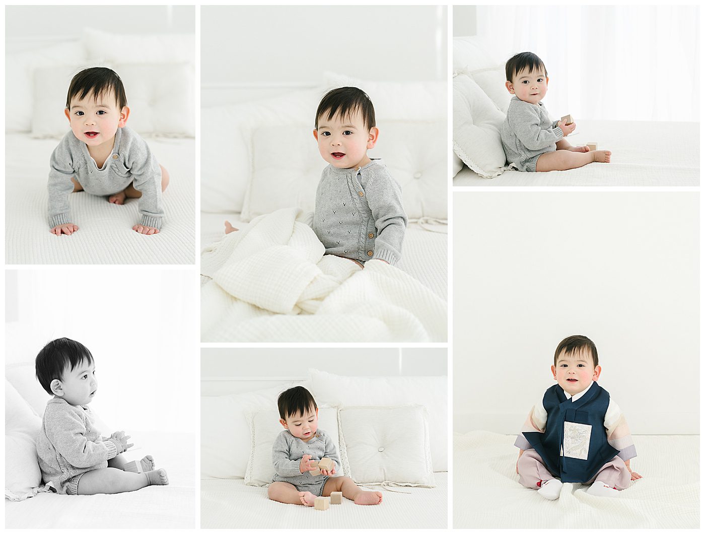 one year old baby boy on white bedding in Korean hanbok