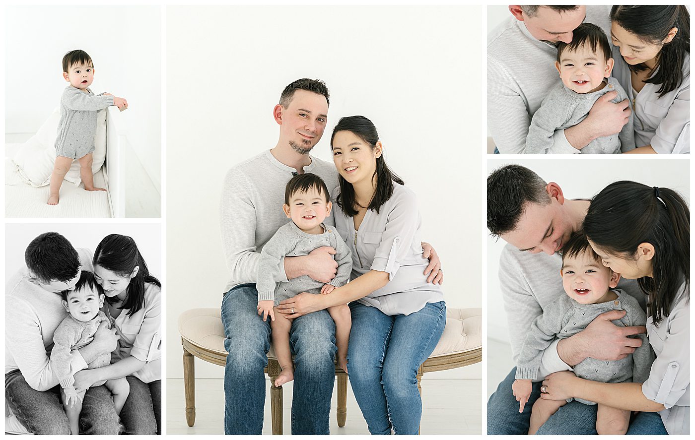 One year and family photos with mom and dad on bench at natural light studio with woodbury baby photographer