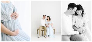 Natural light studio maternity session with mom and dad sitting on cream bench