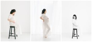 Pregnant mom wearing a Doen Eclipse nightgown for natural light maternity photos