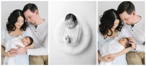 Woodbury baby photographer with family of three in her natural light photography studio