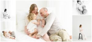 Maternity photos with mom, dad and toddler snuggling on bed