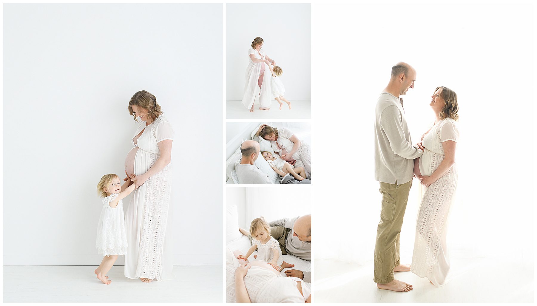Fun family maternity photos in studio with a toddler