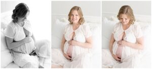 Pregnant mom in lace duster on bed