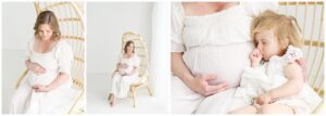 Pregnancy photos of mom in white Doen eclipse nightgown with toddler in chair