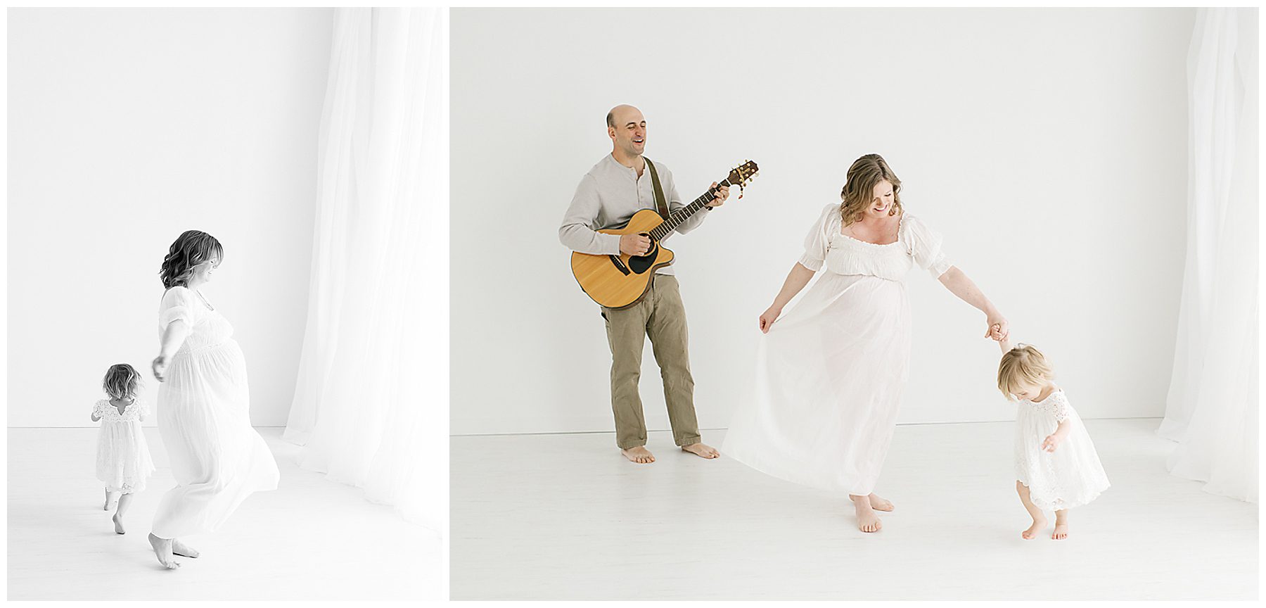 Mom, dad and toddler dancing maternity photos in Twin Cities photography studio
