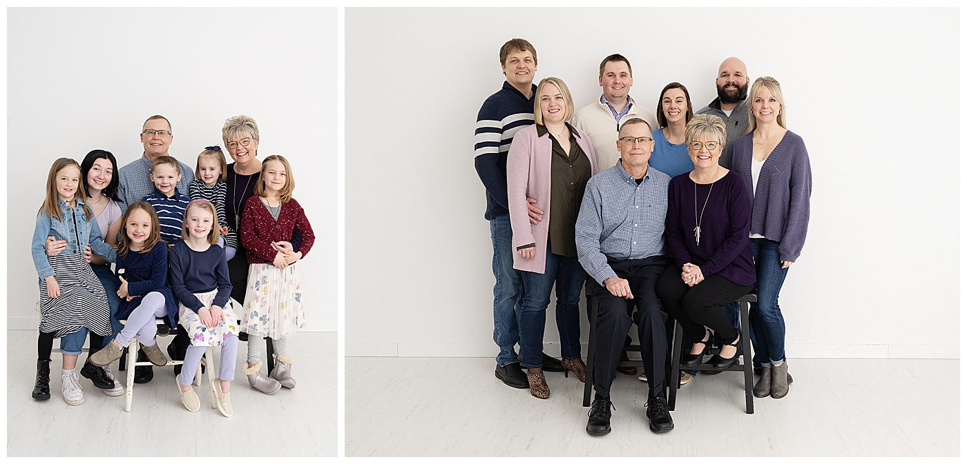extended family photos in studio with grandparents, kids and grandkids against a white wall