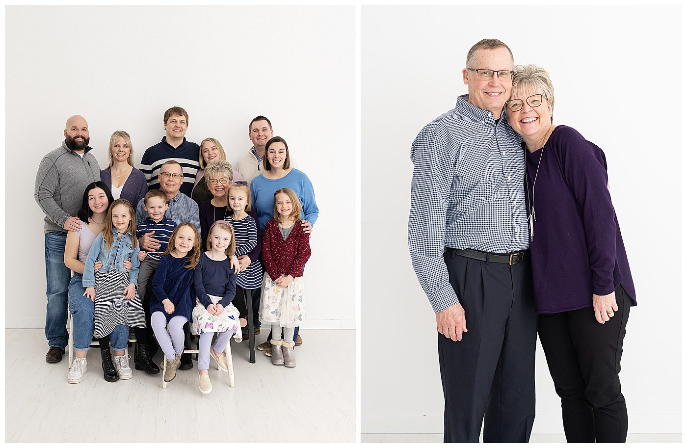 Extended family photos in studio with 15 family members against a white wall