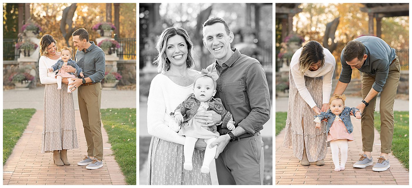 Fall family photos of mom and dad holding 10 month old baby girl