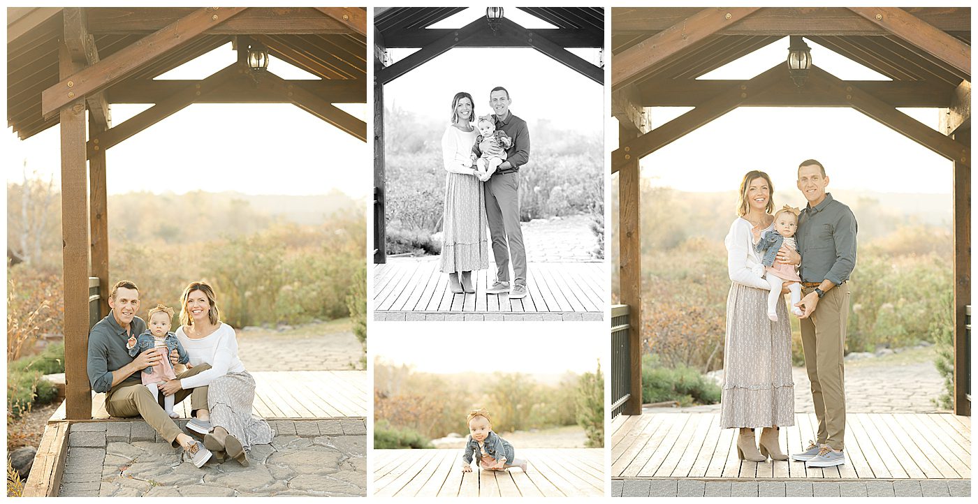 Outdoor family photos in the fall with family on bridge covering in Plymouth