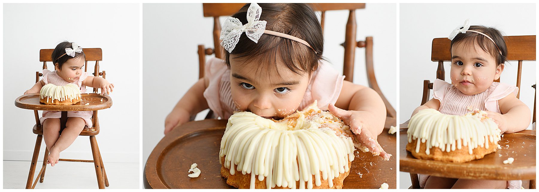 one year old baby in studio for a cake smash eating a bundt cake